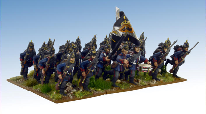A unit of Prussians from the War of 1866 advancing into combat, with rifles at trail as depicted in the art of the day. 