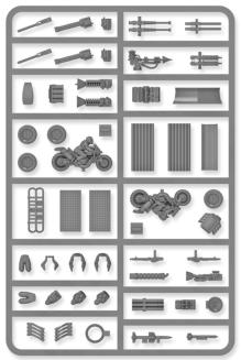 A plastic frame of weapons, armour, drivers and much more. Designed to help you customise your die-cast cars into instruments of death to use in games like Gaslands Refuelled. The Implements of Carnage includes: 4 machine Guns 3 Heavy machine Guns  ect