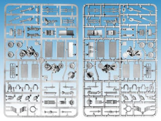 2 plastic frames of weapons, armour, drivers and much more. Designed to help you customise your die-cast cars into instruments of death to use in games like Gaslands Refuelled.