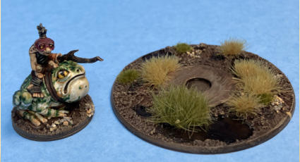 Wartnose Jouster Riding a Hornfrog mounted on a 25mm base and its 60mm jousting base.