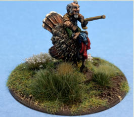Hairfoot Jouster riding a Turkey mounted on a 25mm base and his 60mm jousting base.