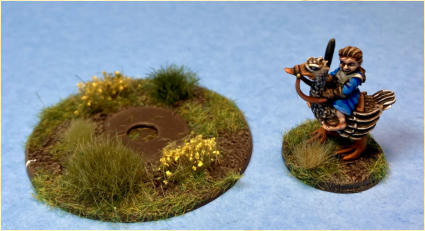 Hairfoot Jouster riding a Goose mounted on a 25mm base and her 60mm jousting base.