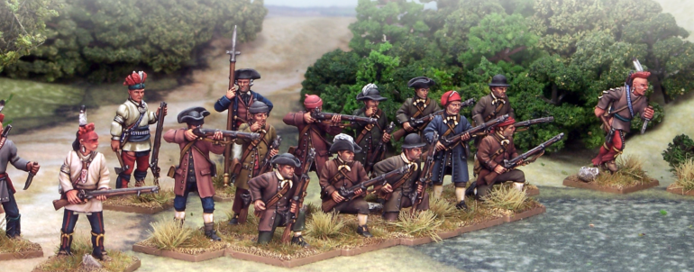 Indian Warriors,British Light Infantry, American Riflemen, Militia, Officers. Painting by Andrew Taylor, photography by Kev Dallimore.