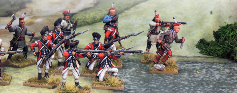 Indian Warriors,British Light Infantry, American Riflemen, Militia, Officers. Painting by Andrew Taylor, photography by Kev Dallimore.