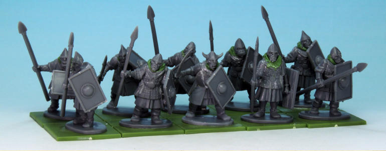 The mannish Half Orcs have human bodies including their square shields; a mix of arms – some human and some Goblin but all with spears – plus goblin heads, and all needing some putty work to make them fit. 