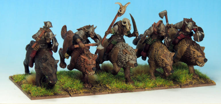 The Warg riders were assembled pretty much straight from the box with a little remedial putty work. There’s three units: five with bow (as Scouts); five with spears and five with scimitars. 