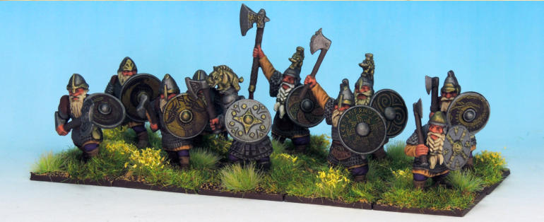 The Dwarves have had a little work, which we split between us. I swapped armoured dwarf and unarmoured dwarf ams around a little and I added the boar helmet crests (and I added a special big one for my leader with the boar from the standard.