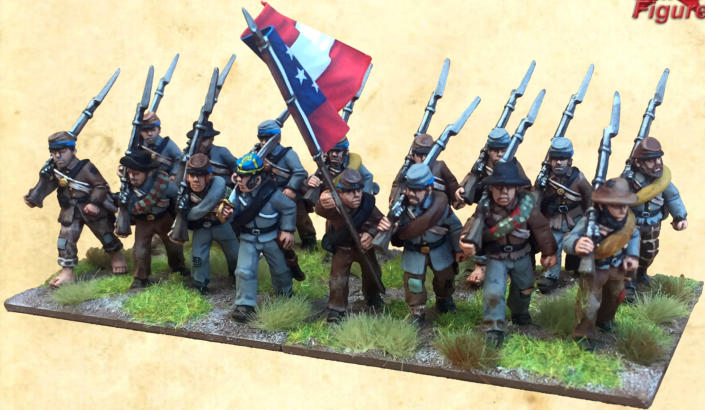 The figures are from the Crusader Miniatures range, using the ‘right shoulder shift’ infantrymen advancing, choosing the short jacket wearing models. All are 28mm metal figures.