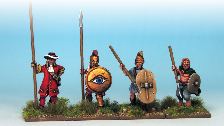 A 1690s English pikeman, a Greek Hoplite and Thureophoroi and a Dark Ages Irish Warrior.