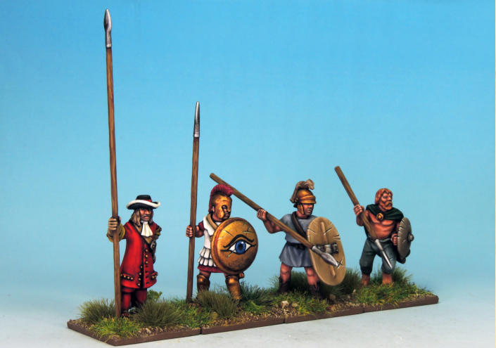 A 1690s English pikeman, a Greek Hoplite and Thureophoroi and a Dark Ages Irish Warrior. North Star Spears. 