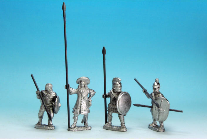 A Dark Ages Irish Warrior, 1690s pikeman, a Greek Hoplite and a Greek Thureophoroi with various sizes of spears.