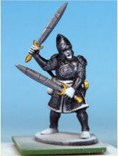 Weapons etc. painted in, I then lightly dry-brushed the armour with Warpaints Fanatic Metallic Mithril, using the same to add battle damage to both the armour and the swords.
