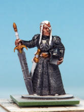 The flesh is painted with Crusader Skin. I applied a coat of Crusader Skin to the sword hilts, buckles, and sections of the greaves, muting the Glittering Loot and sharpening the details.