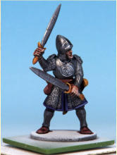 Edge trims, helmet liner, cloak, and wizard's robe are Highlord Blue. Belts, scabbards, pouches, and boots are Dusk Red. Hair is Ancient Honey. Skirt & officer's cloak get two coats of Runic Grey. Plumes & wizard's robes are Holy White.