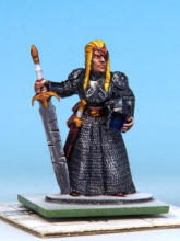 Edge trims, helmet liner, cloak, and wizard's robe are Highlord Blue. Belts, scabbards, pouches, and boots are Dusk Red. Hair is Ancient Honey. Skirt & officer's cloak get two coats of Runic Grey. Plumes & wizard's robes are Holy White.