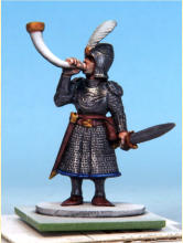 Edge trims, helmet liner, cloak, and wizard's robe are Highlord Blue. Belts, scabbards, pouches, and boots are Dusk Red. Hair is Ancient Honey. Skirt & officer's cloak get two coats of Runic Grey. Plumes & wizard's robes are Holy White.