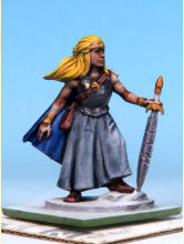 Edge trims, helmet liner, cloak, and wizard's robe are Highlord Blue. Belts, scabbards, pouches, and boots are Dusk Red. Hair is Ancient Honey. Skirt & officer's cloak get two coats of Runic Grey. Plumes & wizard's robes are Holy White.