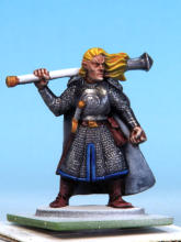 Edge trims, helmet liner, cloak, and wizard's robe are Highlord Blue. Belts, scabbards, pouches, and boots are Dusk Red. Hair is Ancient Honey. Skirt & officer's cloak get two coats of Runic Grey. Plumes & wizard's robes are Holy White.
