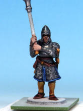 Edge trims, helmet liner, cloak, and wizard's robe are Highlord Blue. Belts, scabbards, pouches, and boots are Dusk Red. Hair is Ancient Honey. Skirt & officer's cloak get two coats of Runic Grey. Plumes & wizard's robes are Holy White.