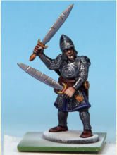Eyes and teeth in Fanatic: Matt White. Circlet, amulet, horn fittings in Golden Armour. Weapon hafts, sword grips, shield backs in Dark Wood. Horn in Pallid Bone (two coats). Rock in Ashen Stone. Jewel in circlet in Carmine Dragon.