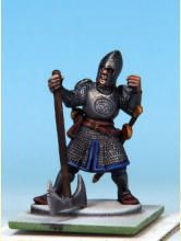 Eyes and teeth in Fanatic: Matt White. Circlet, amulet, horn fittings in Golden Armour. Weapon hafts, sword grips, shield backs in Dark Wood. Horn in Pallid Bone (two coats). Rock in Ashen Stone. Jewel in circlet in Carmine Dragon.