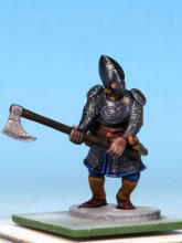 Eyes and teeth in Fanatic: Matt White. Circlet, amulet, horn fittings in Golden Armour. Weapon hafts, sword grips, shield backs in Dark Wood. Horn in Pallid Bone (two coats). Rock in Ashen Stone. Jewel in circlet in Carmine Dragon.