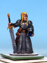 Eyes and teeth in Fanatic: Matt White. Circlet, amulet, horn fittings in Golden Armour. Weapon hafts, sword grips, shield backs in Dark Wood. Horn in Pallid Bone (two coats). Rock in Ashen Stone. Jewel in circlet in Carmine Dragon.