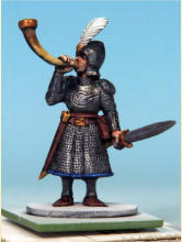 Eyes and teeth in Fanatic: Matt White. Circlet, amulet, horn fittings in Golden Armour. Weapon hafts, sword grips, shield backs in Dark Wood. Horn in Pallid Bone (two coats). Rock in Ashen Stone. Jewel in circlet in Carmine Dragon.