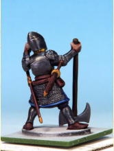 Eyes and teeth in Fanatic: Matt White. Circlet, amulet, horn fittings in Golden Armour. Weapon hafts, sword grips, shield backs in Dark Wood. Horn in Pallid Bone (two coats). Rock in Ashen Stone. Jewel in circlet in Carmine Dragon.