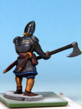 Eyes and teeth in Fanatic: Matt White. Circlet, amulet, horn fittings in Golden Armour. Weapon hafts, sword grips, shield backs in Dark Wood. Horn in Pallid Bone (two coats). Rock in Ashen Stone. Jewel in circlet in Carmine Dragon.