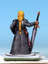 Eyes and teeth in Fanatic: Matt White. Circlet, amulet, horn fittings in Golden Armour. Weapon hafts, sword grips, shield backs in Dark Wood. Horn in Pallid Bone (two coats). Rock in Ashen Stone. Jewel in circlet in Carmine Dragon.