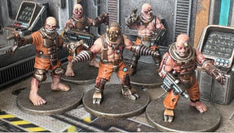 Mark Billen. Inmate Experiment 1138. Well painted bruised/angry skin tones, orange used well to sell convict idea and good use of food blue as a spot colour across the unit.