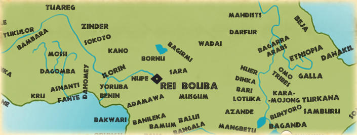 Map by the author showing positions of the tribes of Africa during this period, and showing the approximate position of Rei Bouba: The "Silent City".