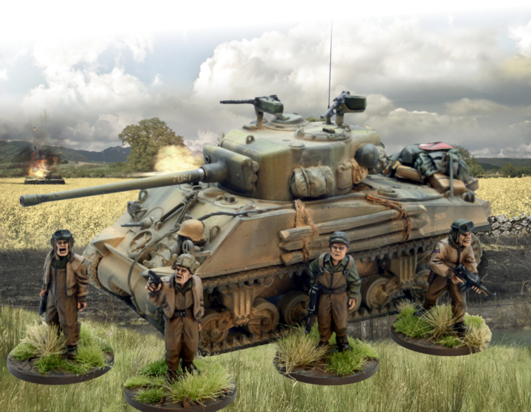 A Rubicon Models Sherman tank, with extra stowage added, surrounded by Artizan Design US Tank crewmen.