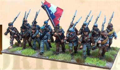 The figures are from the Crusader Miniatures range, using the right shoulder shift infantrymen advancing, choosing the short jacket wearing models. All are 28mm metal figures.