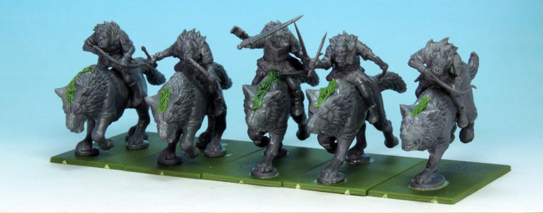 The Warg riders were assembled pretty much straight from the box with a little remedial putty work. Theres three units: five with bow (as Scouts); five with spears and five with scimitars. The leader is identified by having a pillion hanging on.