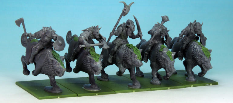 The Warg riders were assembled pretty much straight from the box with a little remedial putty work. Theres three units: five with bow (as Scouts); five with spears and five with scimitars. 