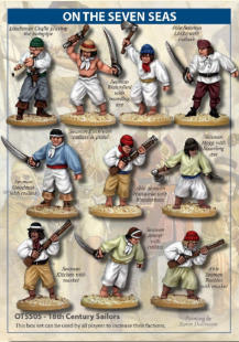 10 figures of 18th Century sailors. As Pirate, Navy and Merchant sailors in this period realistically looked very similar, this box set can be bought by all players to increase their factions when playing 'On The Seven Seas'. 
