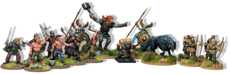 The Norse faction we put together for Of Gods and Mortals. There should actually be two Valkyries to make up 900 pts. Thor and the Legendary creatures are official OGAM figures, the Berserkers Crusader Miniatures and the archers Artizan Design.