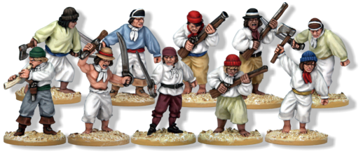 10 figures of 18th Century sailors. As Pirate, Navy and Merchant sailors in this period realistically looked very similar, this box set can be bought by all players in increase their factions when playing 'On The Seven Seas'. 