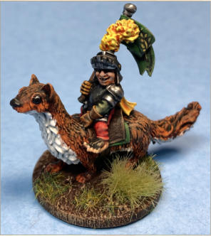 Hairfoot Jouster riding a Giant Weasel mounted on a 30mm base.